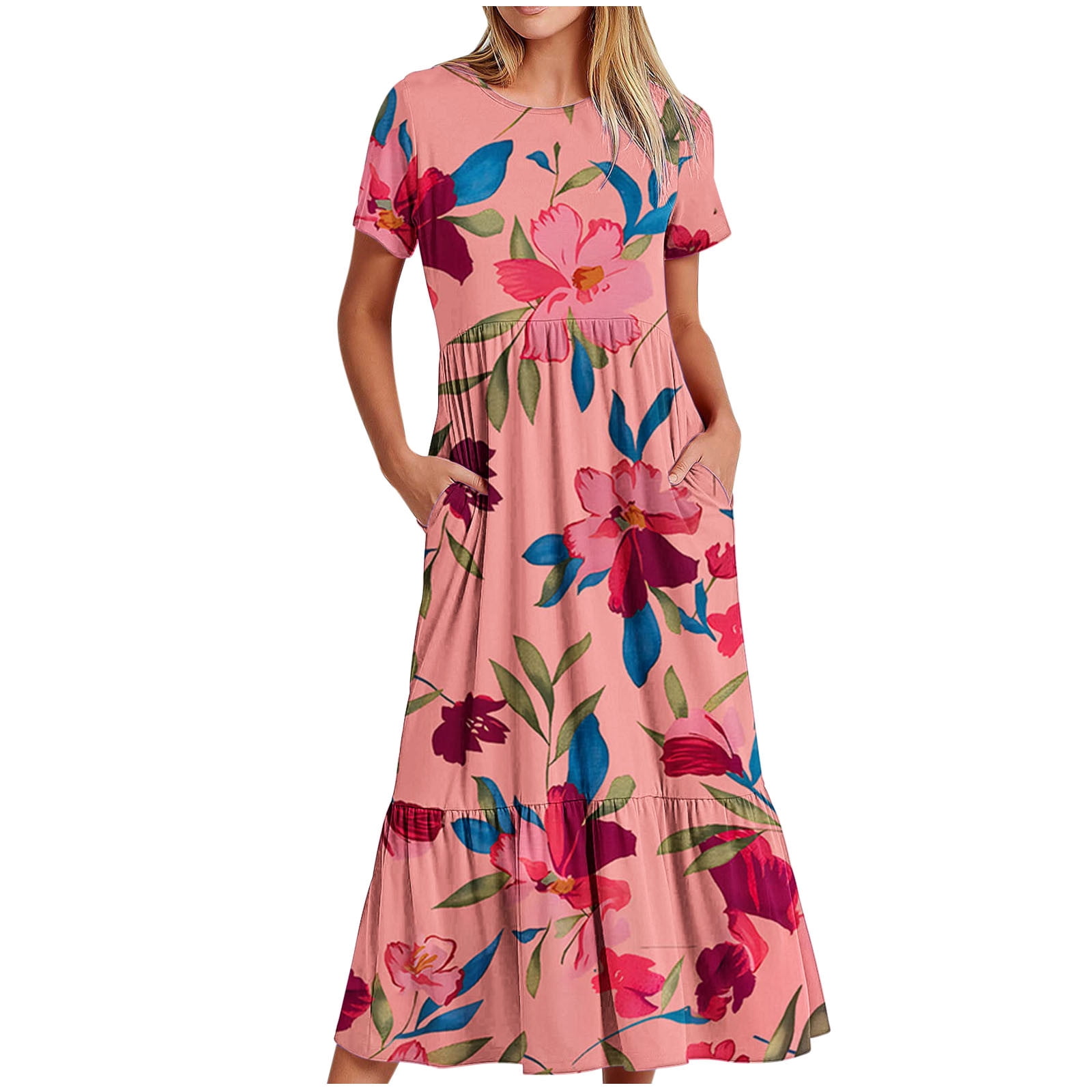 Weiqiqre Robe Midi Trapèze à Manches Courtes d'Été pour Femme, Décontractée, à Fleurs, Style T-Shirt, Fluide, de Plage, avec Poches