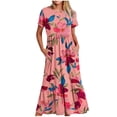 thumbnail image 1 of Weiqiqre Robe Midi Trapèze à Manches Courtes d'Été pour Femme, Décontractée, à Fleurs, Style T-Shirt, Fluide, de Plage, avec Poches, 1 of 5