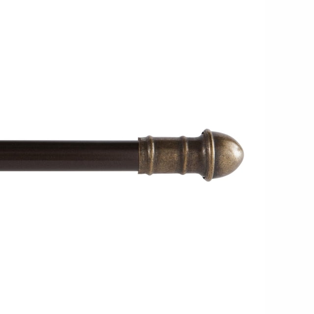 Mainstays Cafe Window Curtain Rod 48-84" oil rubbed bronze with a 7/16 inch slim profile, adjustable length, and rounded finial, designed for lightweight curtains, shown in a close-up side view on a white background.