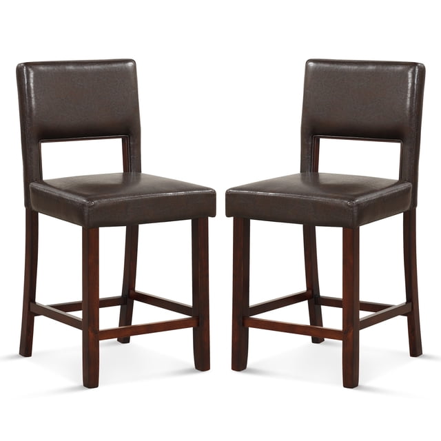 Costway Set of 2 Upholstered PVC Leather Bar Stools, designed with a brown finish, hollowed backs, and sturdy footrests for ergonomic comfort. Crafted from rubber wood and acacia wood, these counter height chairs feature high-density sponge padding and a weight capacity of 400 lbs. Ideal for dining areas, living rooms, or coffee houses, and adaptable to table heights of 35-39 inches.