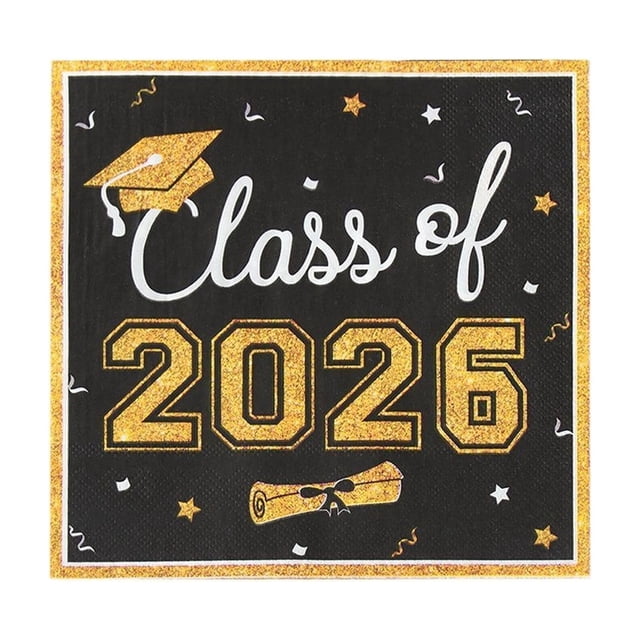 Class of 2026 Graduation Napkins – Black & Gold Cap Design Disposable Table Decor, 16-Pack for Parties