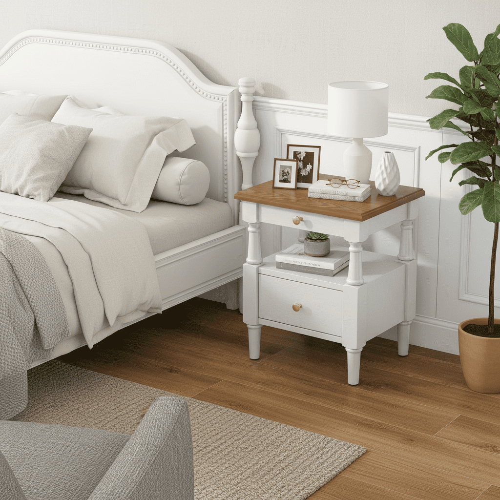 Homy Casa Seattle Contemporary MDF Bedside Table Nightstand with Drawer & Shelf, 22.44 Inch, White