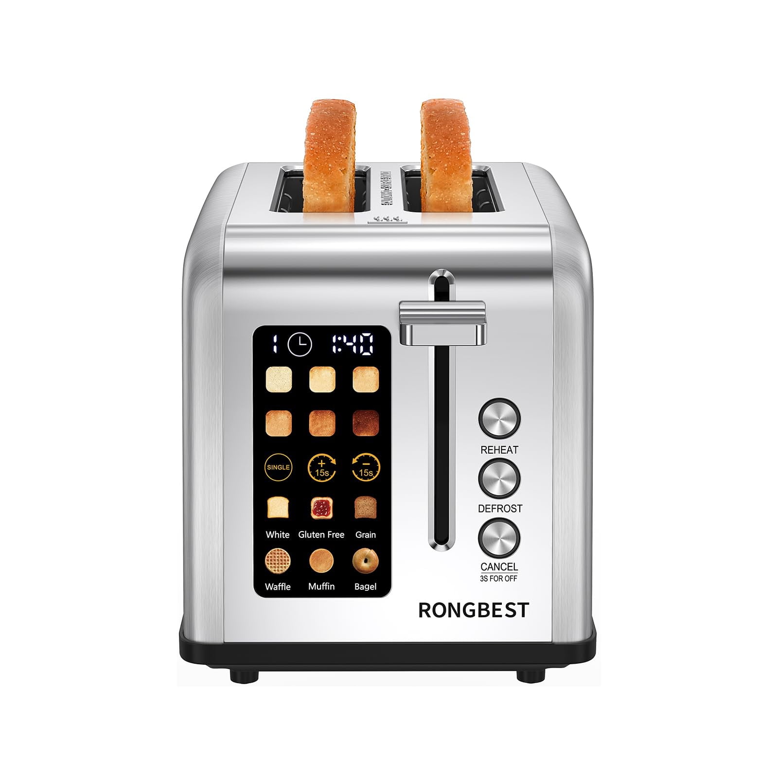 2 Slice Touch Screen Toaster with Wide Slots Stainless Steel Toasters for Family Breakfast, Even Toasting for Bagels & Bread, Reheat & Defrost, Easy Removable Crumb Tray