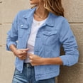 thumbnail image 2 of Women's Denim Jacket Basic Solid Color Button Down Coat with Pockets Stylish Casual Outerwear Comfortable Fit, 2 of 8