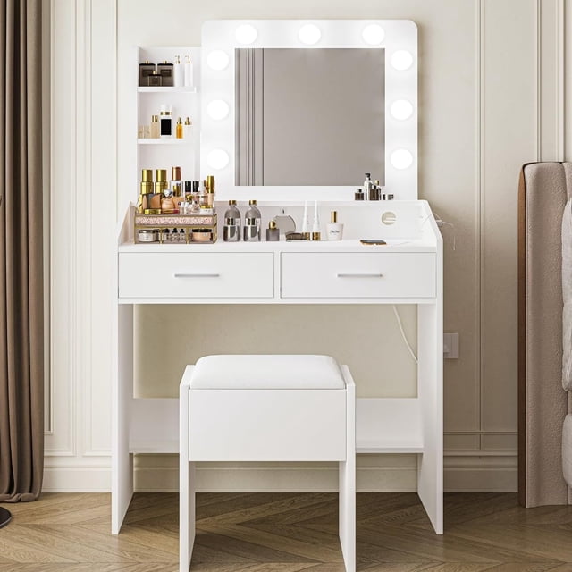 Vanity Desk with Mirror & Lights, Makeup Table with Charging Station, 3-Color LED, Hairdryer Holder & Storage Shelves, Includes Stool