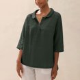 thumbnail image 2 of Penkiiy Blouse Décontractée à Manches 3/4 Henley Col en V Boutonnée Plissée Unie T-Shirts TG Vert Armée, 2 of 8