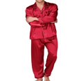 thumbnail image 3 of Pyjamas Classiques pour Hommes Col Rabattu Manches Longues Hauts Pantalons Longs Ensembles de Nuit en Soie, 3 of 9