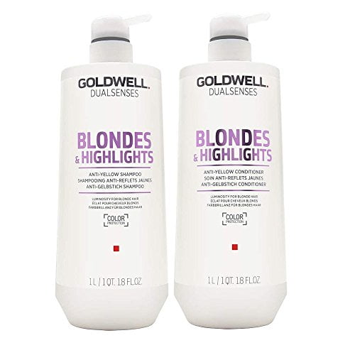 Goldwell Dual Senses Blondes and Highlights Conditioner and Shampoo Liter Duo featuring anti-yellow shampoo and conditioner with BlondeChromaComplex to reduce brassiness and prolong color vibrancy. Each bottle is labeled with purple text and contains 1 liter (1.8 fl oz).