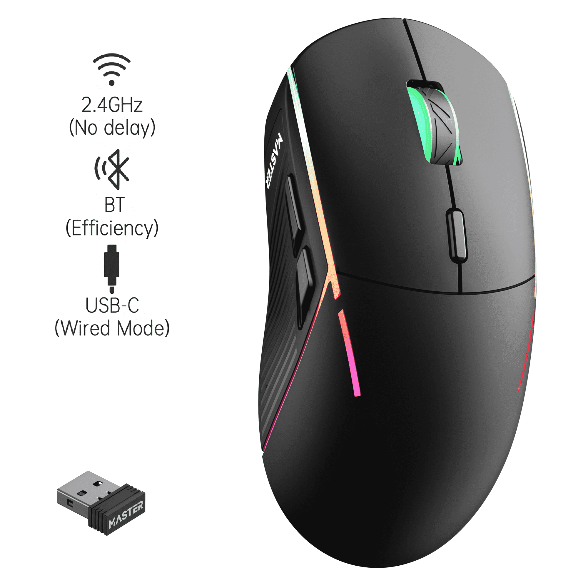 FFN Wireless Gaming Mouse ,Colorful 9 Backlight,16000 DPI,75H Battery Standby,3 Mode USB-C/2.4G/Dual Bluetooth 5.0 Portable Rechargeable Gaming Mice for PC/PS5/Mac Computer and Laptop/Tablet-Black
