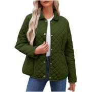LMKIHUSA Quilted Jackets for Women Plus Size Snap Closure Lapel Long Sleeve Outerwear Casual Loose Light Fall Winter Coats Army Green,XXXL