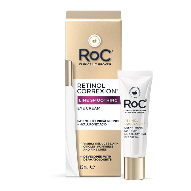 RoC Skincare - Retinol Correxion®️ - Line Smoothing Eye Cream (15ml) front-facing shot of a 15 ml white tube with silver cap and RoC logo; label notes retinol formula to target lines, dark circles and puffiness; plain white studio background; often used to create a smoother under-eye base before makeup.