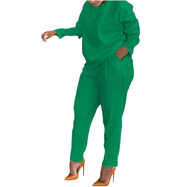 Yuyuzo Ensembles d'Automne pour Femmes Hauts à Manches Longues à Col Ras du Cou avec Pantalons à Jambe Droite Couleur Unie Ensembles 2 Pcs