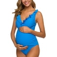 thumbnail image 4 of Maillots de Bain de Maternité une Pièce à Volants, Monokini Falbala, Décolleté en V Profond, Bleu (TG, 4 of 7