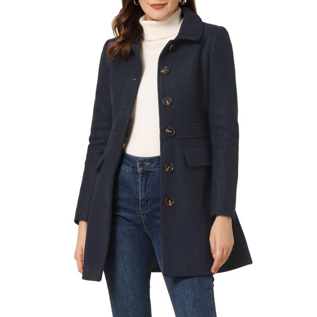 INSPIRE CHIC Women's Peter Pan Collar Single Breasted Mid Length Overcoat Dark Blue M
