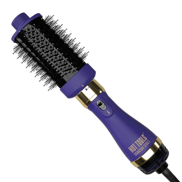 HOT TOOLS Pro Signature One-Step Blowout Styler detachable small head volumizer and hair dryer in purple with gold accents, featuring a round brush head with black Silkglide Boartech bristles and thermaglide ceramic coating, designed for precise root lifting and styling control.