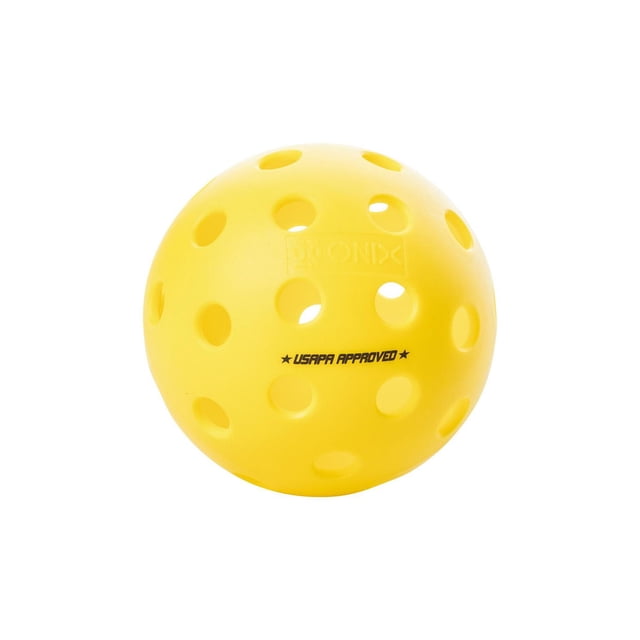 Onix Fuse G2 Outdoor Pickleball Ball 3-Pack Yellow showing a single yellow ball with precision-drilled holes and USAPA approved marking, designed for outdoor play with durable seam welding and consistent flight for reliable pickleball performance.