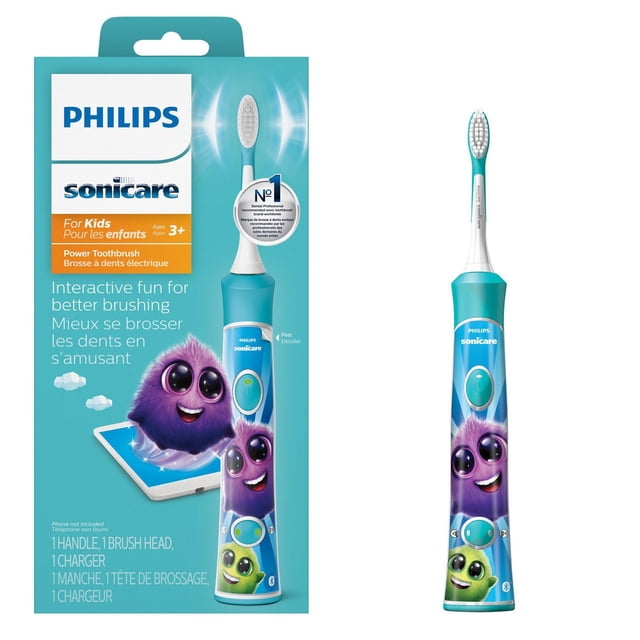 Philips Sonicare for Kids Bluetooth Connected Rechargeable Electric Toothbrush, Blue, HX6321/02, with a blue and white ergonomic handle decorated with purple and green cartoon characters, featuring a soft rubberized brush head for children ages 3 and up and Bluetooth-enabled interactive app support to promote better brushing habits.