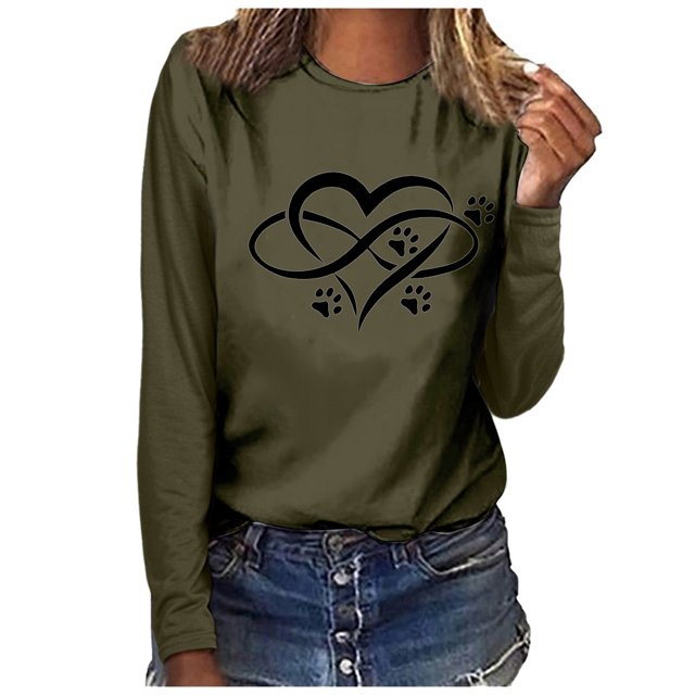 Besolor Tuniques Automne Printemps pour Femmes 2024 Imprimé Cœur Col Rond Manches Longues Chemises Décontractées Amples Blouse Tee
