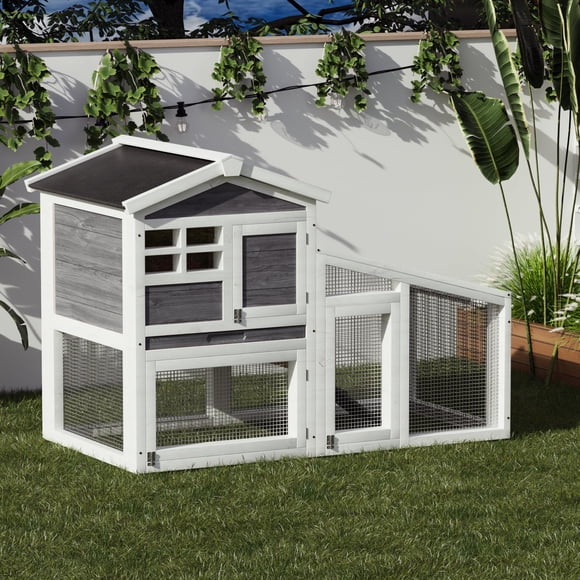 Rabbit Hutch 2-Story - Weatherproof Wooden Small Animal Cage with Leak-Proof Tray & Metal Ramp, Wire Netting for Bunnies/Guinea Pigs/Chickens, Indoor/Outdoor Use, Grey