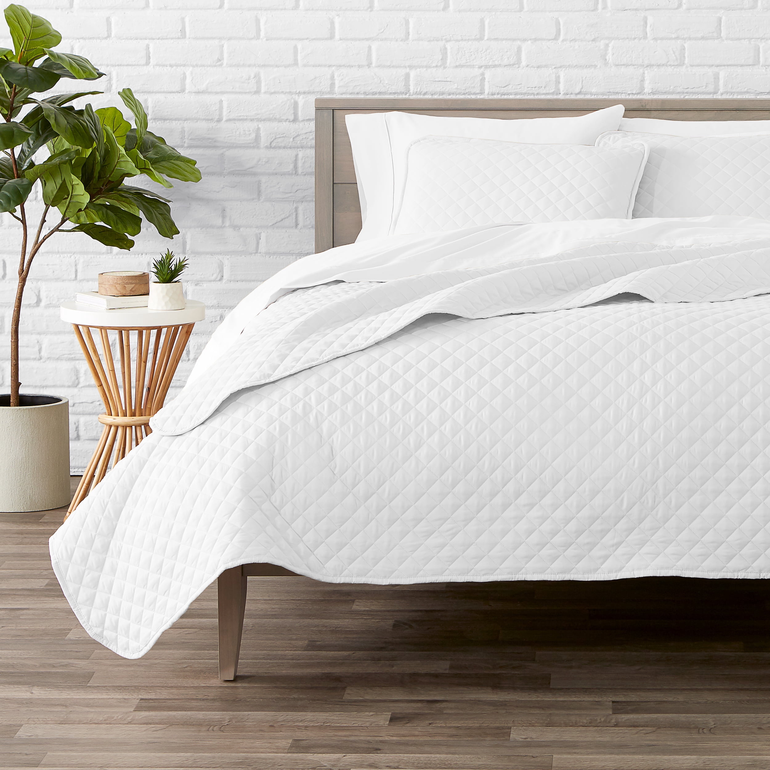 Bare Home Quilt Set - 3 Piece - Diamond Stitched Bedspread Coverlet - King, White