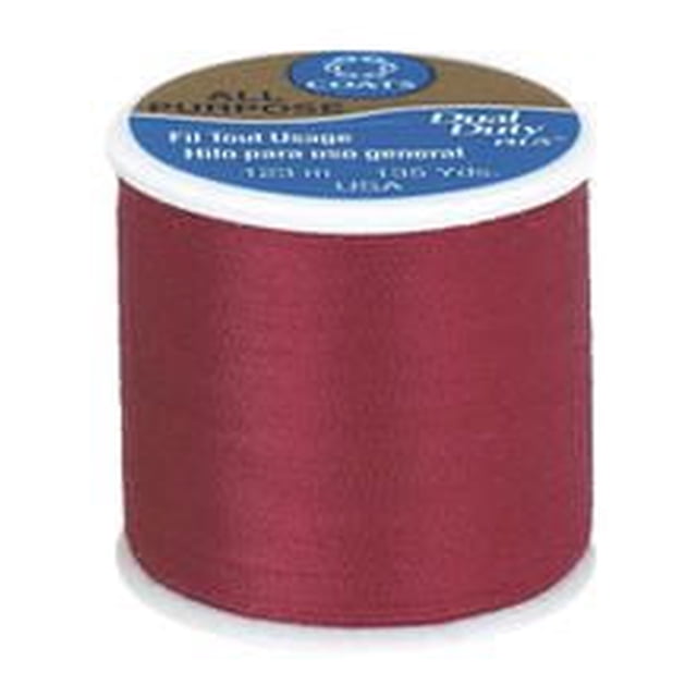 Coats & Clark All Purpose Polyester Thread spool in burgundy, 123 metres long, suitable for hand and machine sewing on knits and woven fabrics, shown in a close-up front view with white label displaying brand and thread details, also ideal for general crafting and mending.