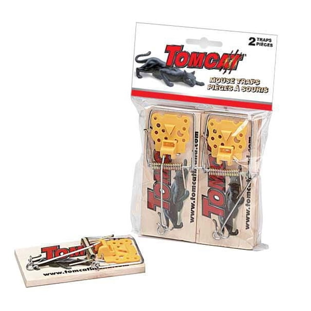 Tomcat Mouse Wood Traps 2-Pack with two reusable wooden traps featuring yellow bait holders and metal springs in clear packaging, plus one trap outside, designed for quick-kill, pesticide-free rodent control suitable for garden and outdoor pest management.