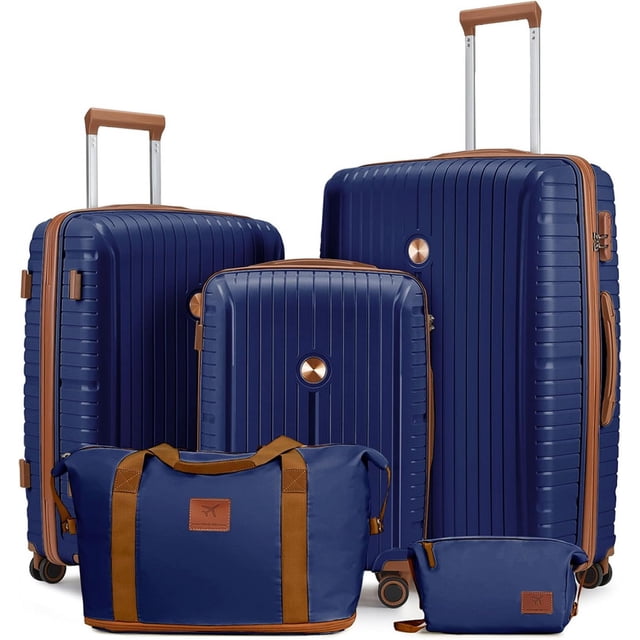 Joyway Ensembles de Bagages 5 Pcs avec Valises Légères à Coque Rigide en Bleu, avec Verrous TSA et Roues Pivotantes. Comprend des Valises de 20 Pouces, 24 Pouces et 28 Pouces, un Sac de Sport et une Petite Pochette. Les Valises Ont une surface Texturée Ondulée pour la Résistance aux Rayures, des Poignées Ergonomiques Télescopiques et des Intérieurs Organisés avec des Poches Zippées en Maille et des Sangles de Retenue. Idéal pour les Voyages, les Voyages en Famille et les Déplacements d'Affaires, avec des Roues Doubles Durables Pivotantes à 360° pour