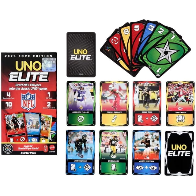 UNO Elite NFL Card Game 2025 Core Edition Starter Set with a red and black box featuring the NFL logo, one deck of 112 special UNO cards including numbered and Elite Action cards with NFL players like Harrison Phillips, Dennis Gardeck, Derek Carr, Travis Kelce, Larius Sneed, Eric Wilson, and Jameis Winston. Includes four booster packs with 40 Elite Action Cards and two promo cards. This NFL-themed card game blends classic UNO play with team colors and special actions, suitable for ages 7 and up.