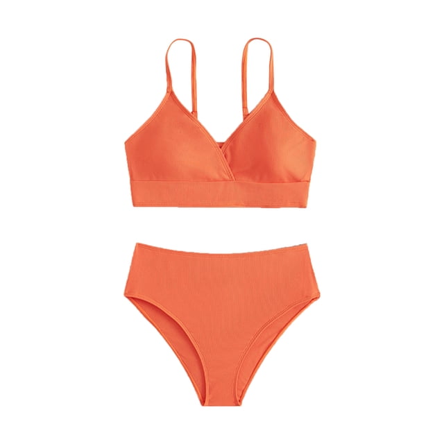 MIASHUI Girls Swimsuit Bikini Set Bathing Suits Two Piece Solid Color Swimwear Bathing Suit,Orange,8-10 Years