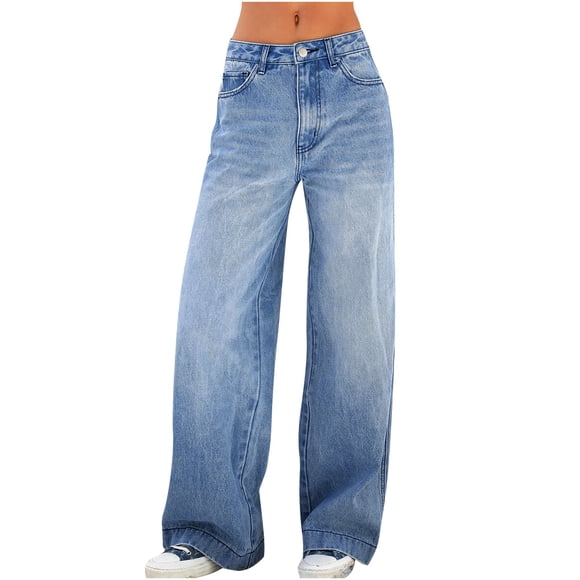 LSLJS Women's Mid Ripped Frayed Hem Casual Jeans Trousers, Wide Leg Trouser Pants