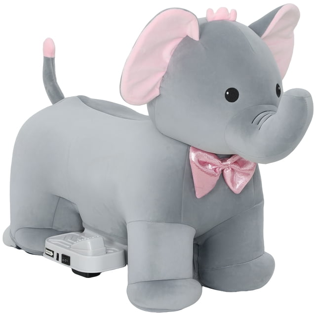 Qaba 6V Kids Ride on Toy Elephant, a grey battery-powered ride-on horse with a plush elephant design. Features a soft polyester body, pink accents, and a bow tie. Includes a simple foot pedal, 6V battery with 40-minute runtime, and quiet PU wheels for smooth indoor use. Suitable for children aged 1.5 to 5 years, with a maximum load of 55 lbs (25 kg).