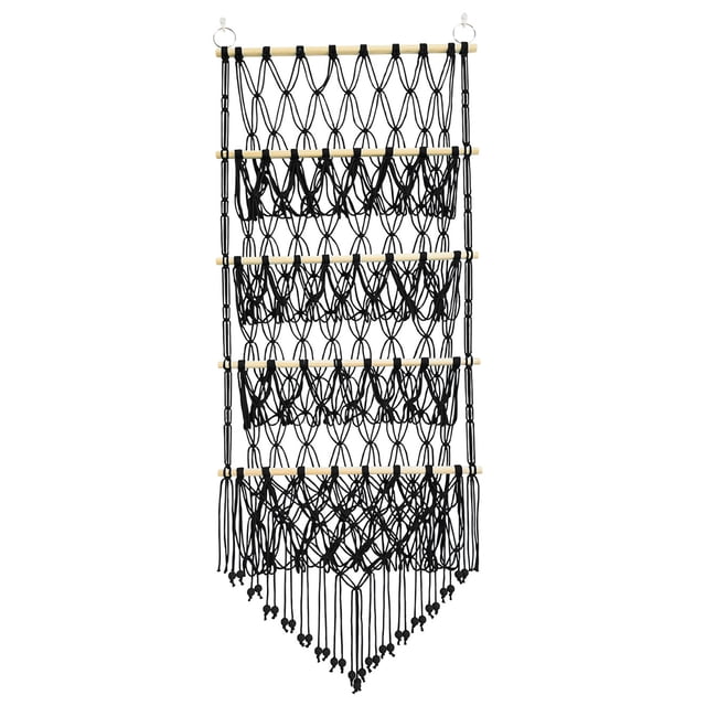 relayinert Toy Net Hammock for Stuffed Animals Organizer, featuring a 130cm long four-layer structure made of soft cotton rope with a black mesh design and wooden supports. Ideal for neatly stacking plush toys, pillows, or blankets, this hanging organizer is suitable for toy rooms or bedrooms, adding decorative appeal while simplifying storage.