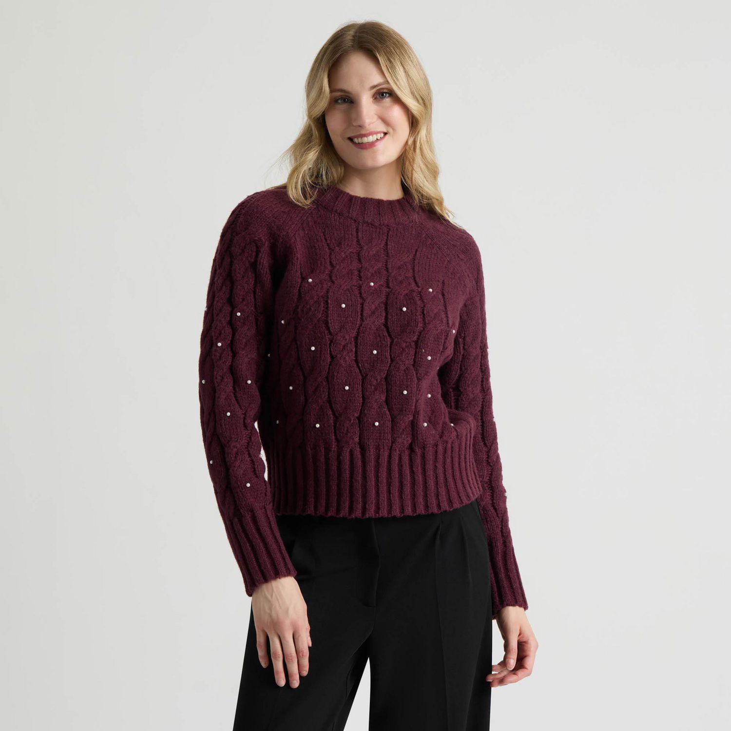 Mexx Women’s Cable Knit Sweater with Pearl Detailing