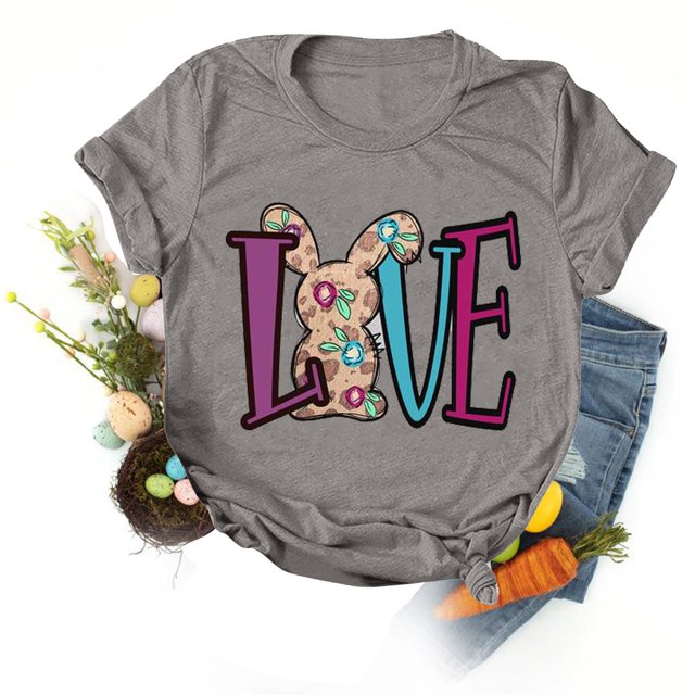 EGNMCR Easter T-shirt Imprimé T-Shirts Graphiques pour Femmes T-Shirts à Manches Courtes pour Femmes T-shirt Décontracté Ample à Col Rond à Manches Courtes Blouse à Imprimé de Lettres T-shirt T-Shirts pour Femmes