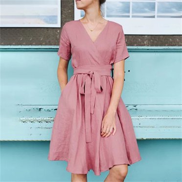 Meichang Robes d'Été pour Femmes à Taille Nouée en Coton et Lin, Robes Unies à Manches Courtes, Col en V, Portefeuille, Longueur Genou, Robes Décontractées Fluides Évasées Midi avec Poches, Rose, P