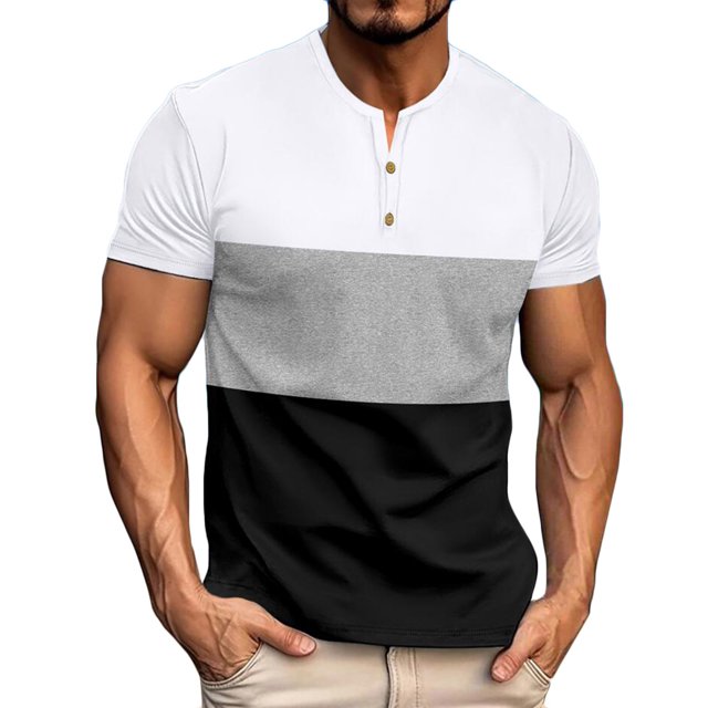 hopeusnice T-Shirt à Manches Courtes à Blocs de Couleur pour Homme, Col Henley, Coupe Ajustée, Gris, TG