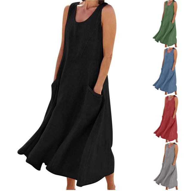 Yuyuzo Robes pour Femmes Été Coton Lin Sans Manches Élégantes Fluides Robes Grande Taille Ample Confortable Robe avec Poches
