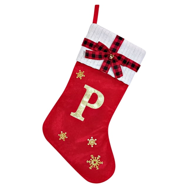 Christmas Stockings Velvet with Embroidered Pattern Letters Initial Customized Family Ornament Large Fireplace Stockings Plush Cuff Holiday Party Home Xmas Tree Decor Gift Bags