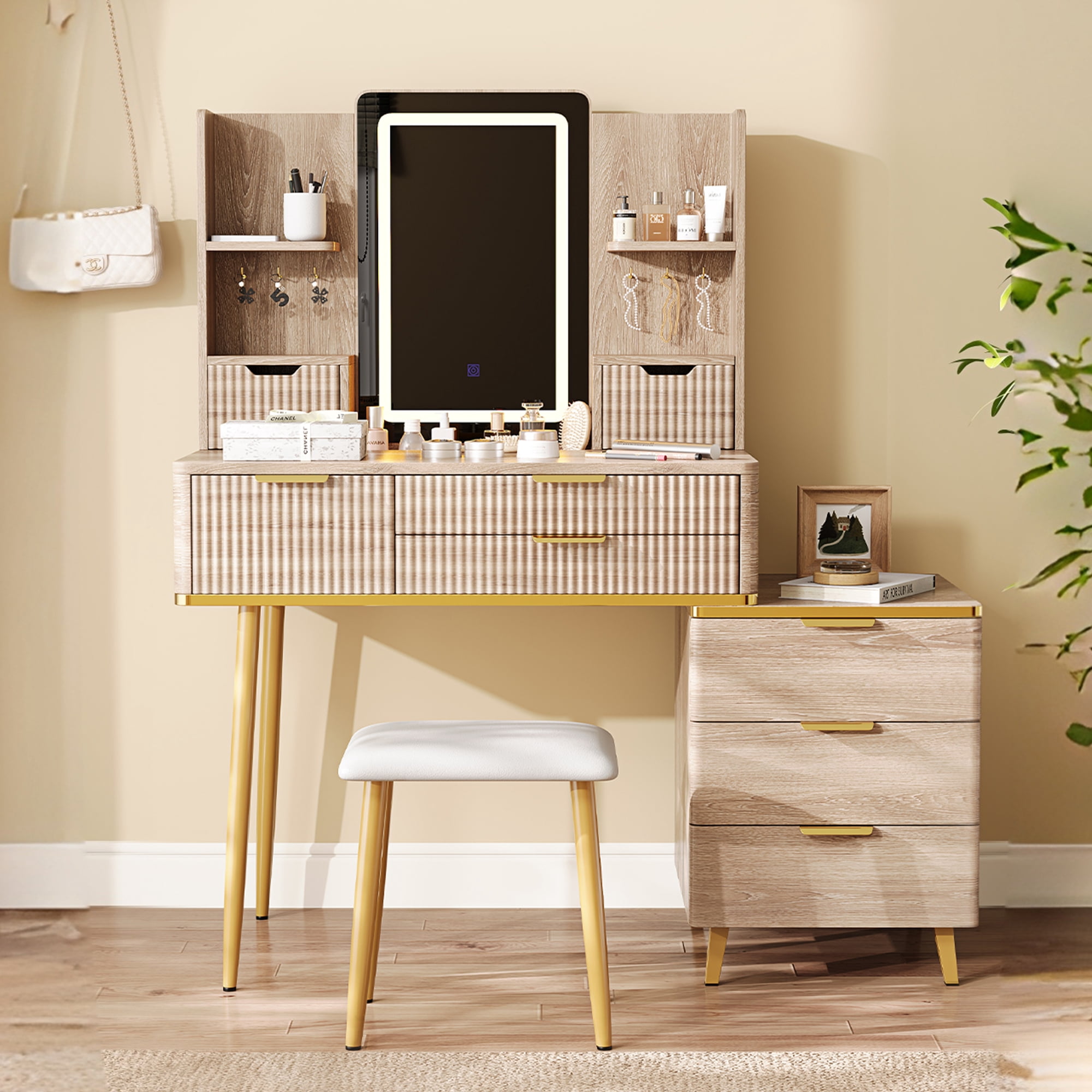 Newest 7-Drawer Vanity Desk with LED Mirror & Carved Details, Fluted Makeup Table with Metal Legs and PU Stool, Carved Dressing Table with Jewelry Storage for Bedroom