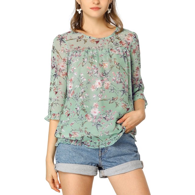 INSPIRE CHIC Women's Floral Chiffon Blouse 3/4 Sleeve Round Neck Ruffle Hem Top Mint Green M