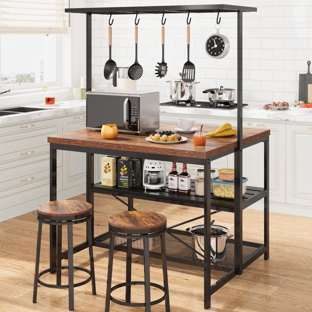 GloryStar 42" Kitchen Island with Power Outlets - Mobile Bakers Rack with 3 Shelves, Microwave Stand & 5 Hooks, 400lb Capacity (Brown)
