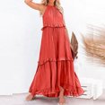 thumbnail image 4 of Robes pour Femmes Robe Maxi Sans Manches Décontractée Fluide à Volants Élégante Robe de Soleil Unie Rouge Melon D\'eau S, 4 of 5