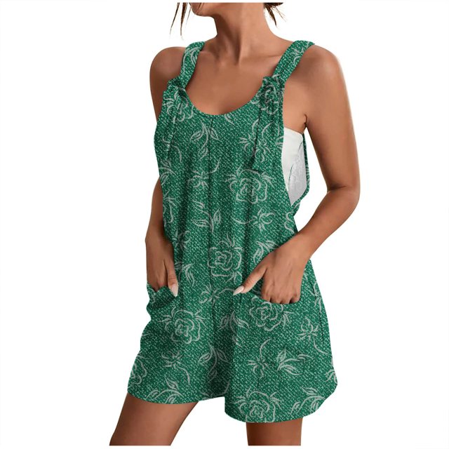 IROINID Femmes Léger Court Rompers, Femmes Été Confortable Bretelles Décontractée Impression Shorts Poche Combinaison Shorts Vert S