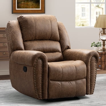 Bonzy Home Classic Manual Recliner Chair, PU Leather Recliners with Vintage Rivets Decoration, Push Back Single Reclining Sofa for Living Room, Bedroom, Nut Brown