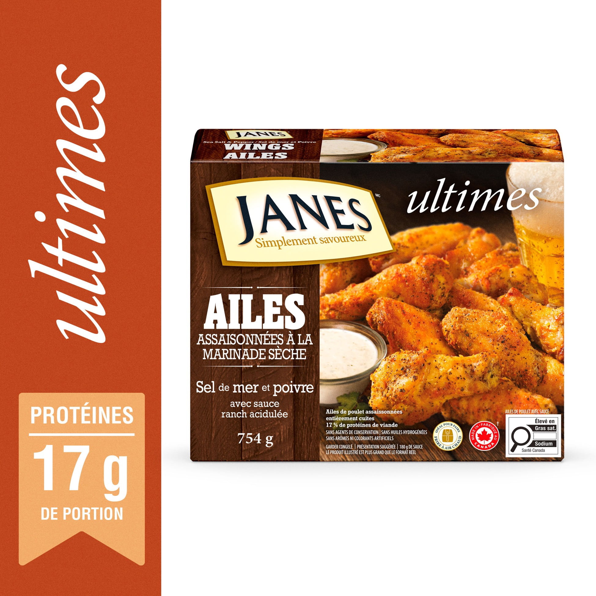 Ailes de poulet ultimes Janes® assaisonnées à la marinade sèche sel de mer et poivre, 754 g, ailes de poulet congelées. Contient : Viande blanche. Janes® Ultimates Ailes de poulet assaisonnées à sec au sel de mer et au poivre