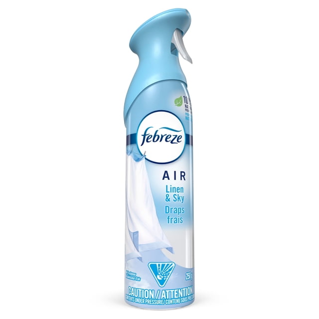 Febreze Air Freshener Spray, Odor-Fighting Room Spray, Linen & Sky Scent, a 250g aerosol can with a light blue spray nozzle and cap, featuring a white sheet on the label, designed to fight air odors naturally with 100% natural propellants, ideal for freshening bathrooms, kitchens, and closets.