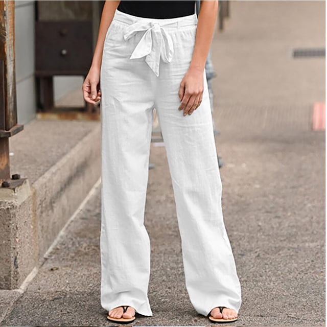 LSLJS Mode Femmes Couleur Unie Lin Ceintures Droites Pantalons Longs Décontractés, Pantalons de Survêtement pour Femmes