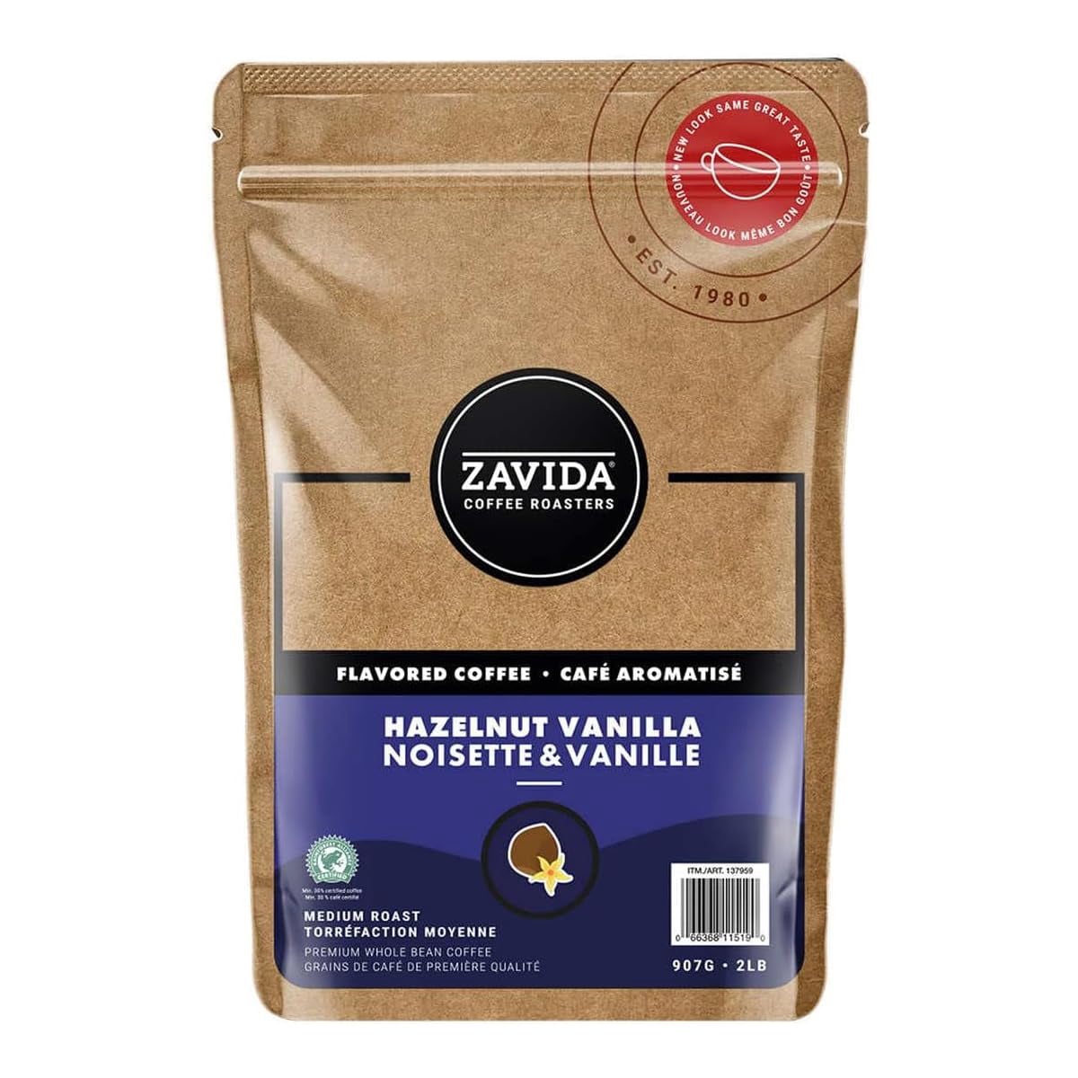 Café aromatisé en grains Zavida Noisette Vanille, torréfaction moyenne-foncée, RFA 30 %, casher, halal, sac de 2 lb