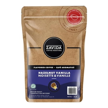 Zavida Noisette Vanille Café Premium en Grains Entiers Aromatisé/aromatisé, Torréfaction Mi-Foncée, RFA 30 %, Casher, Halal, Sac de 2 Livres
