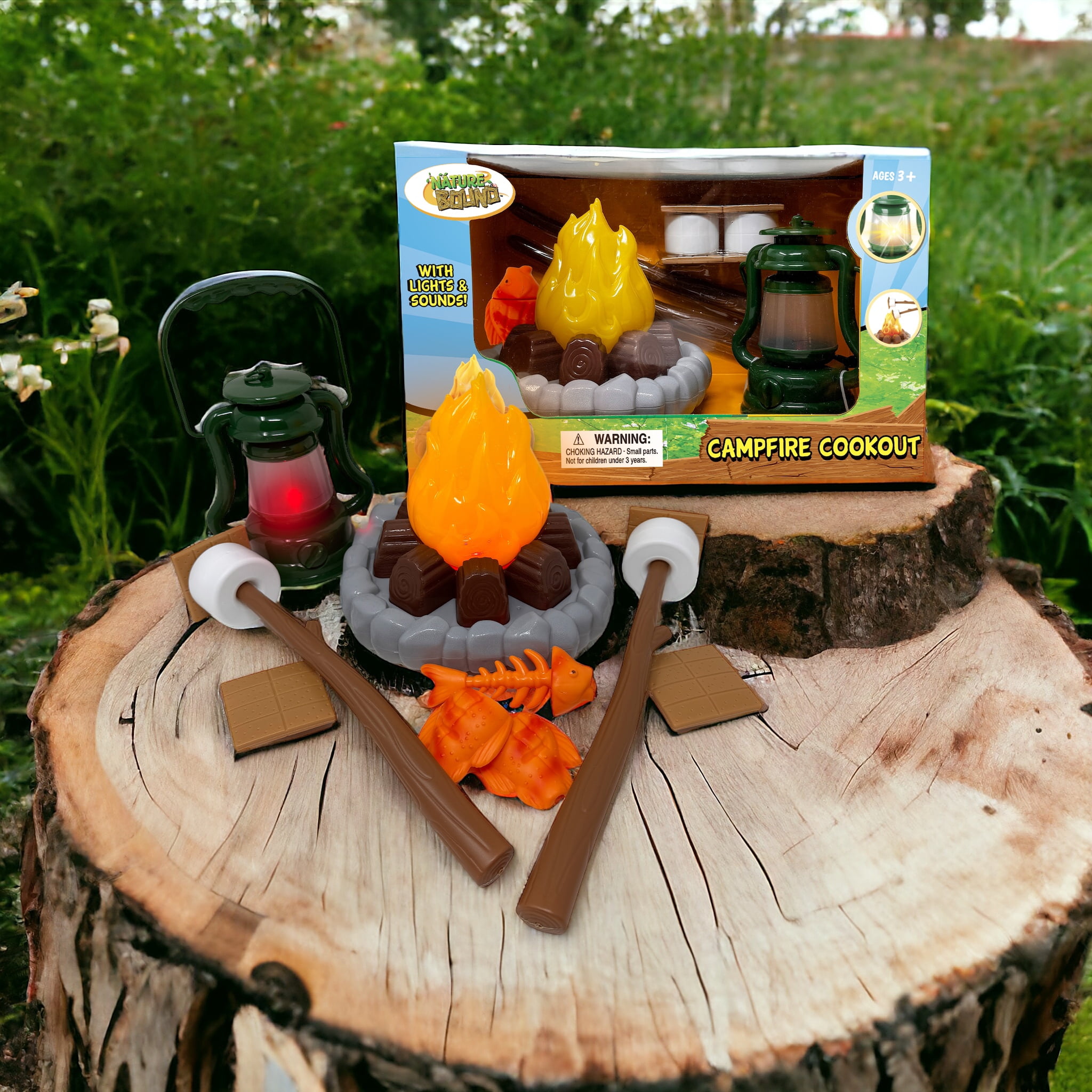 Nature Bound – Ensemble de camping pour enfants avec feu de camp lumineux – Coffret de jeu avec lumières pour aventures intérieures et extérieures – S’mores factices, lanterne et accessoires
